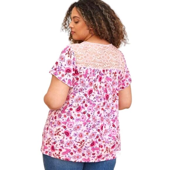 TORRID NEW Floral Jersey Knit Super Soft Slub Lace Yoke Flutter Sleeve Top - Picture 13 of 16